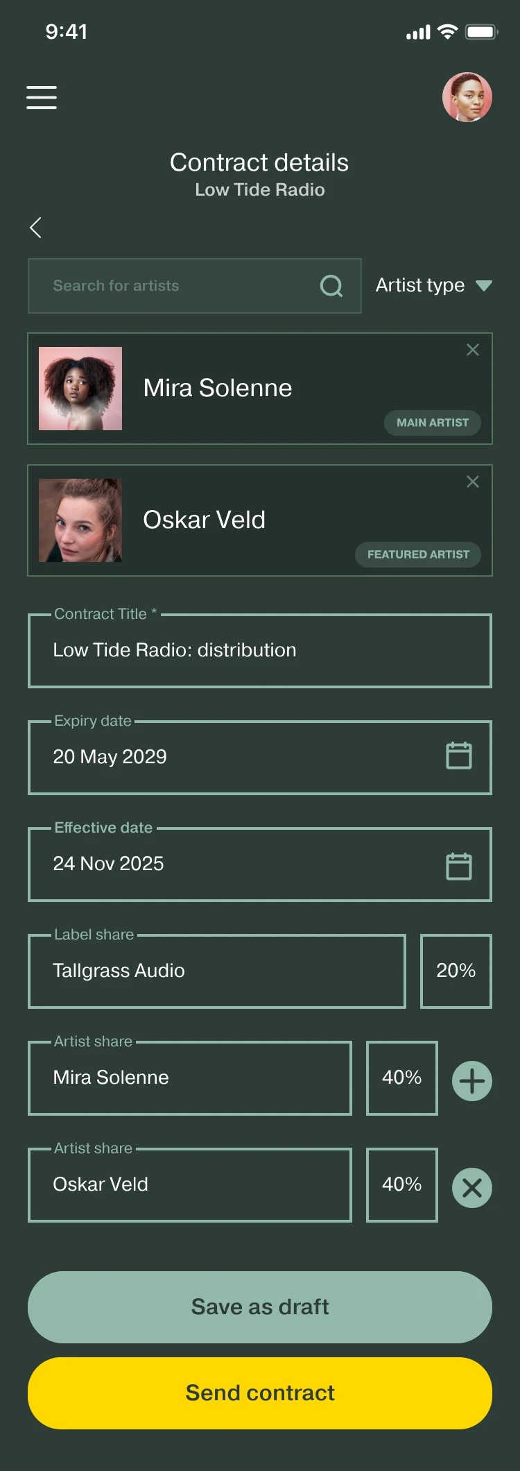 Contract details for Low Tide Radio: Mira Solenne as main artist and Oskar Veld as featured artist, contract title, expiry and effective dates, a label share of 20% and two artist shares of 40%, Save as draft and Send contract.