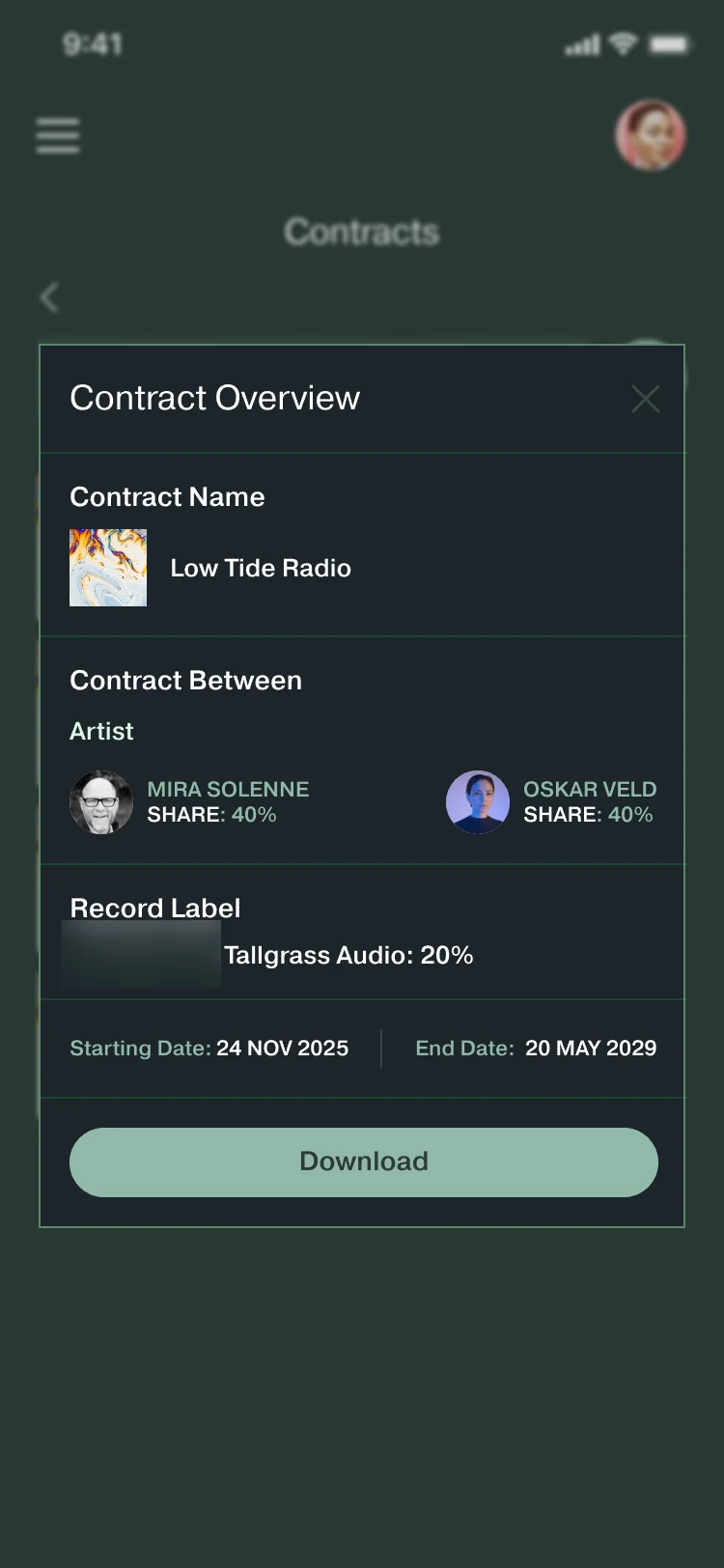 Contract Overview for Low Tide Radio: Mira Solenne and Oskar Veld with a 40% share each, Tallgrass Audio with 20%, start and end dates, and a Download button. The logo is blurred.
