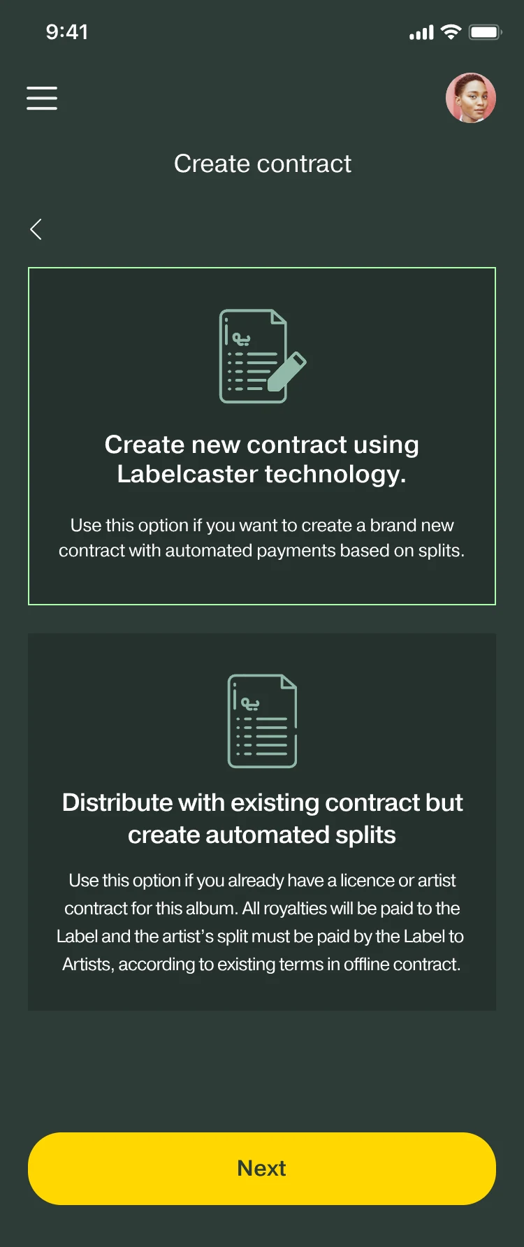 Create contract: two options side by side, Create new contract using Labelcaster technology, and Distribute with existing contract but create automated splits.