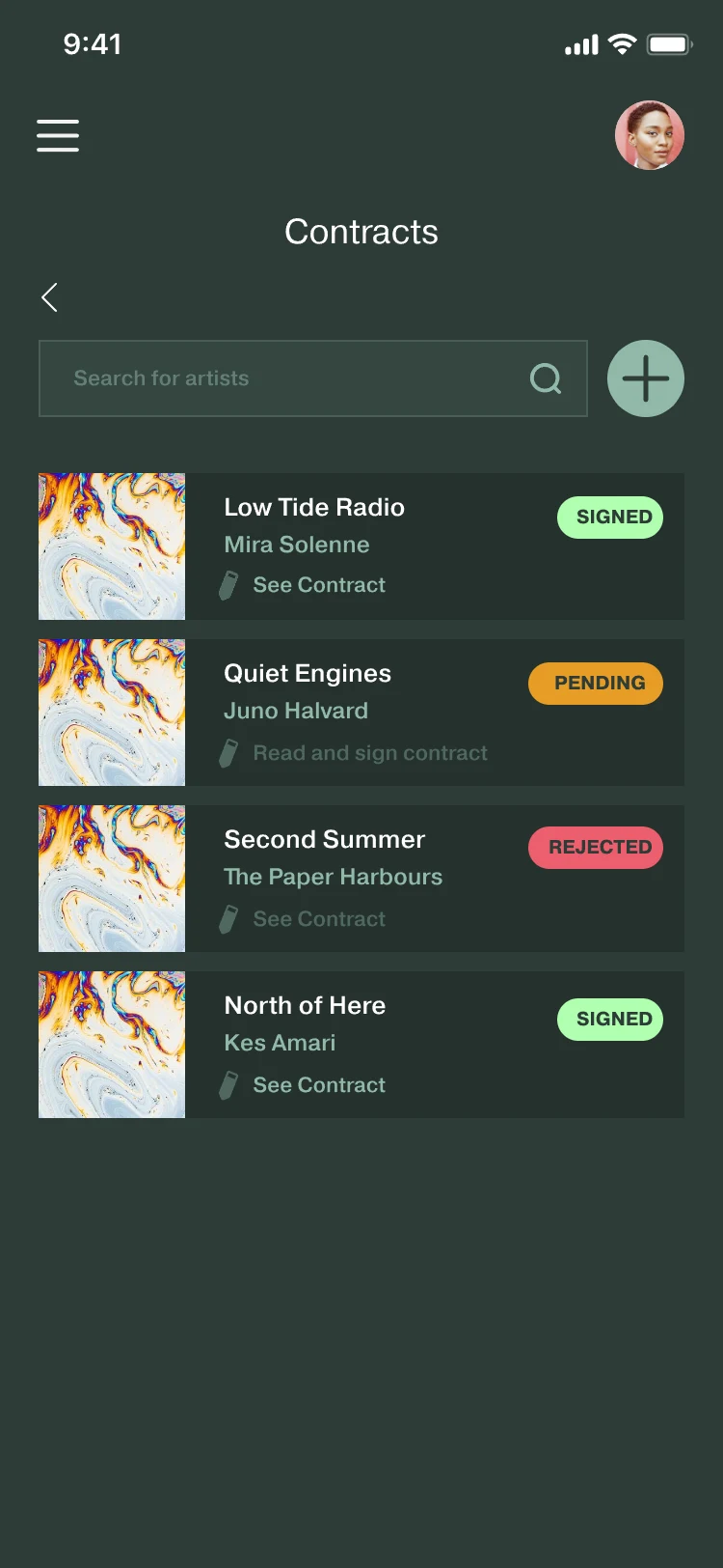 Contracts list: Low Tide Radio (Signed), Quiet Engines (Pending), Second Summer (Rejected) and North of Here (Signed).
