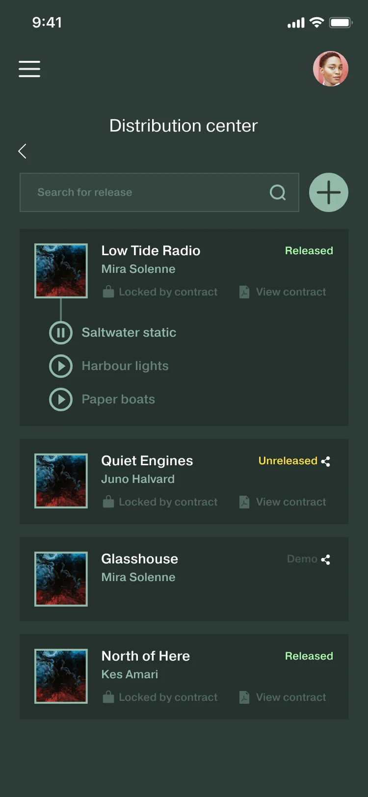 Distribution center: a search field and four releases; under Low Tide Radio, the tracks Saltwater static, Harbour lights and Paper boats. Small secondary text such as Locked by contract and View contract.