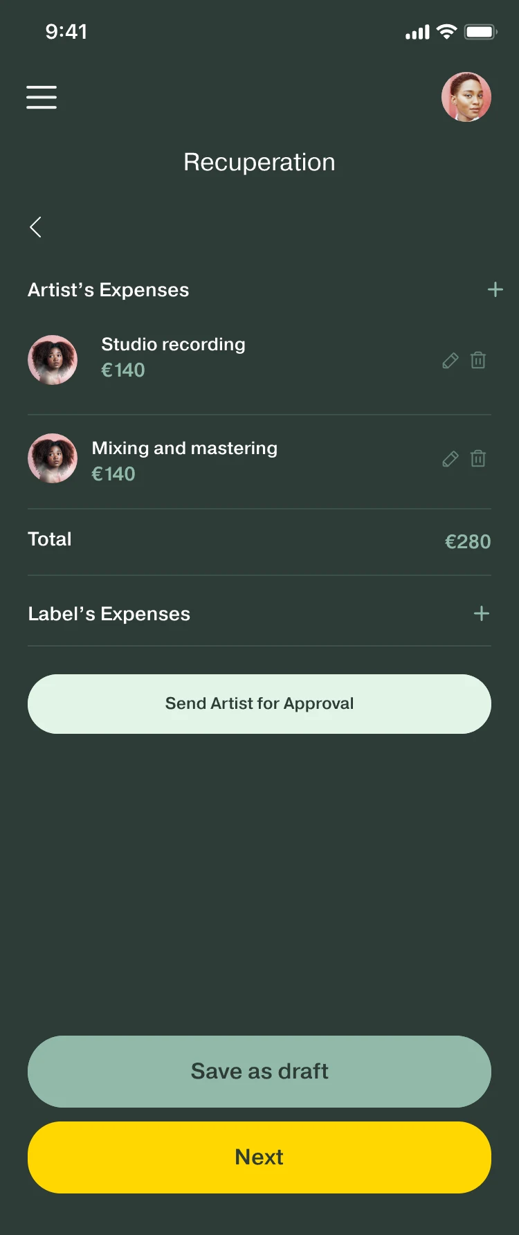 Recuperation: Artist’s Expenses with Studio recording and Mixing and mastering at €140 each, a total of €280, Label’s Expenses, and a Send Artist for Approval button.