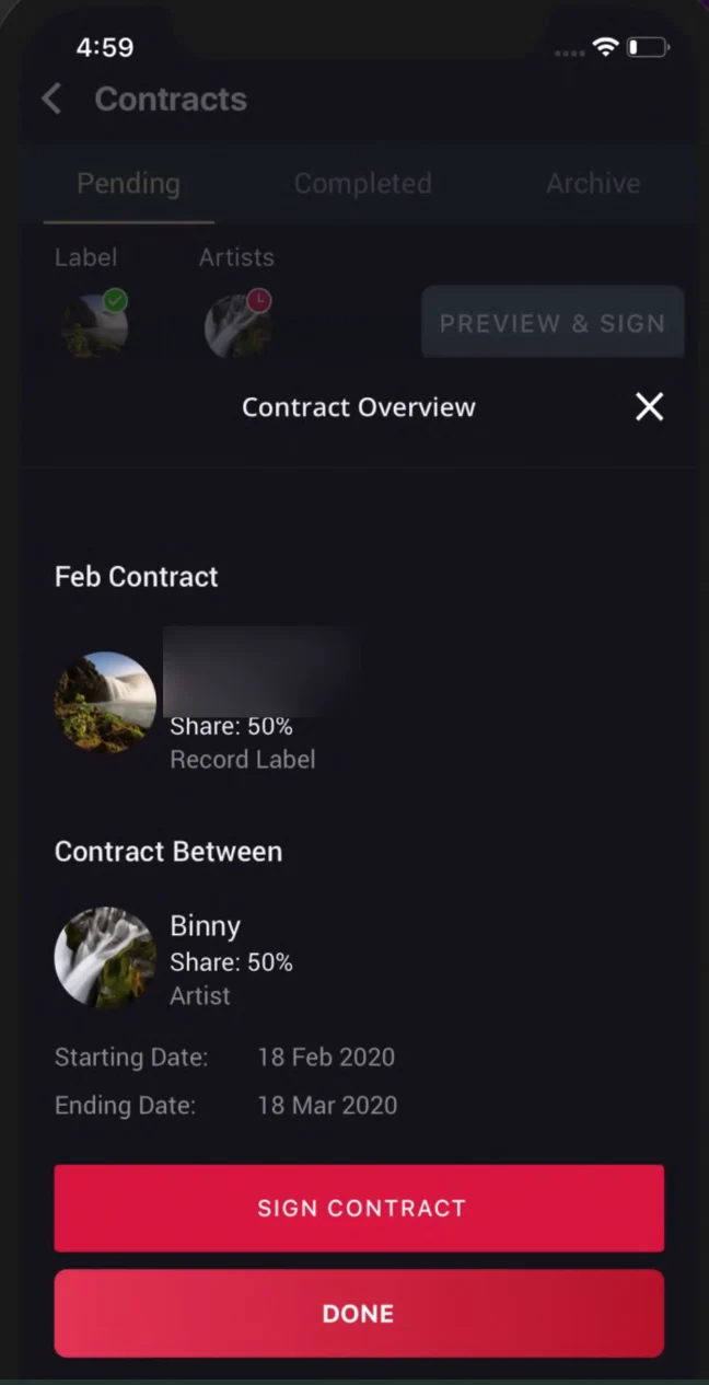 Old app Contract Overview: the two parties with a 50% share each, start and end dates, and Sign Contract and Done buttons. The label name is blurred.