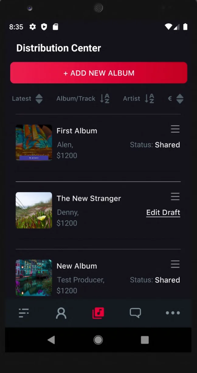 Old app Distribution Center: an Add new album button and a list of albums with a status, such as Shared or Edit Draft.