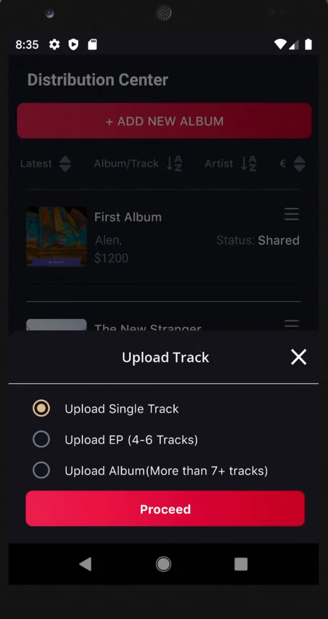 Old app Upload Track sheet: Upload Single Track, Upload EP (4-6 Tracks), Upload Album (More than 7+ tracks), and a Proceed button.