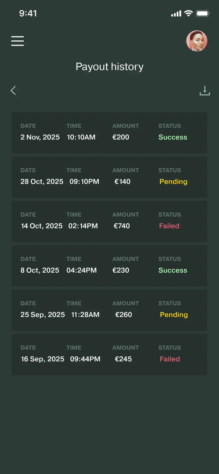 Payout history: six payouts with date, time, amount and a status of Success, Pending or Failed, and a download icon.