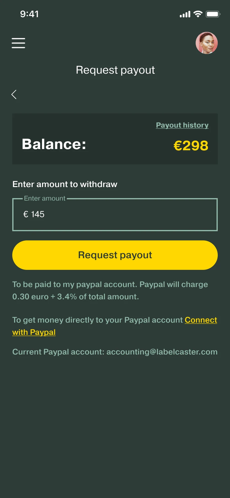 Request payout: a balance of €298, an amount of € 145, a Request payout button, and the line PayPal will charge 0.30 euro + 3.4% of total amount.