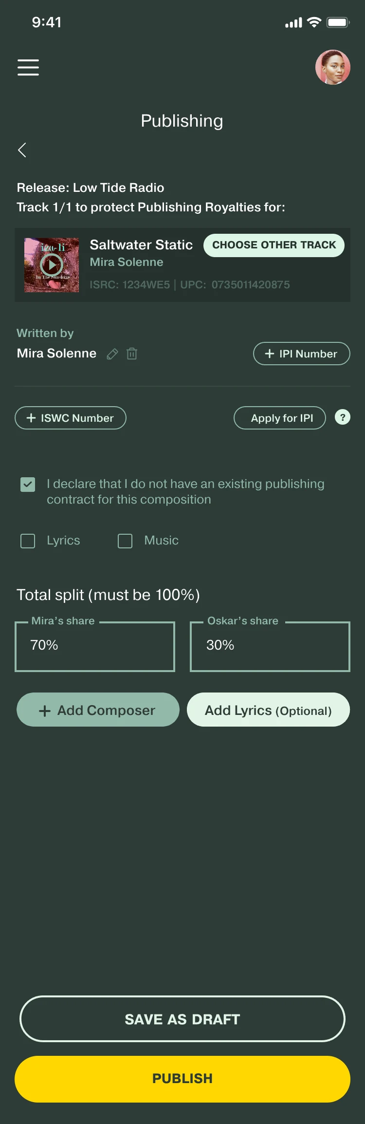 Publishing information for the track Saltwater Static: written by Mira Solenne, IPI Number and ISWC Number buttons, Apply for IPI, and Total split (must be 100%) with shares of 70% and 30%.