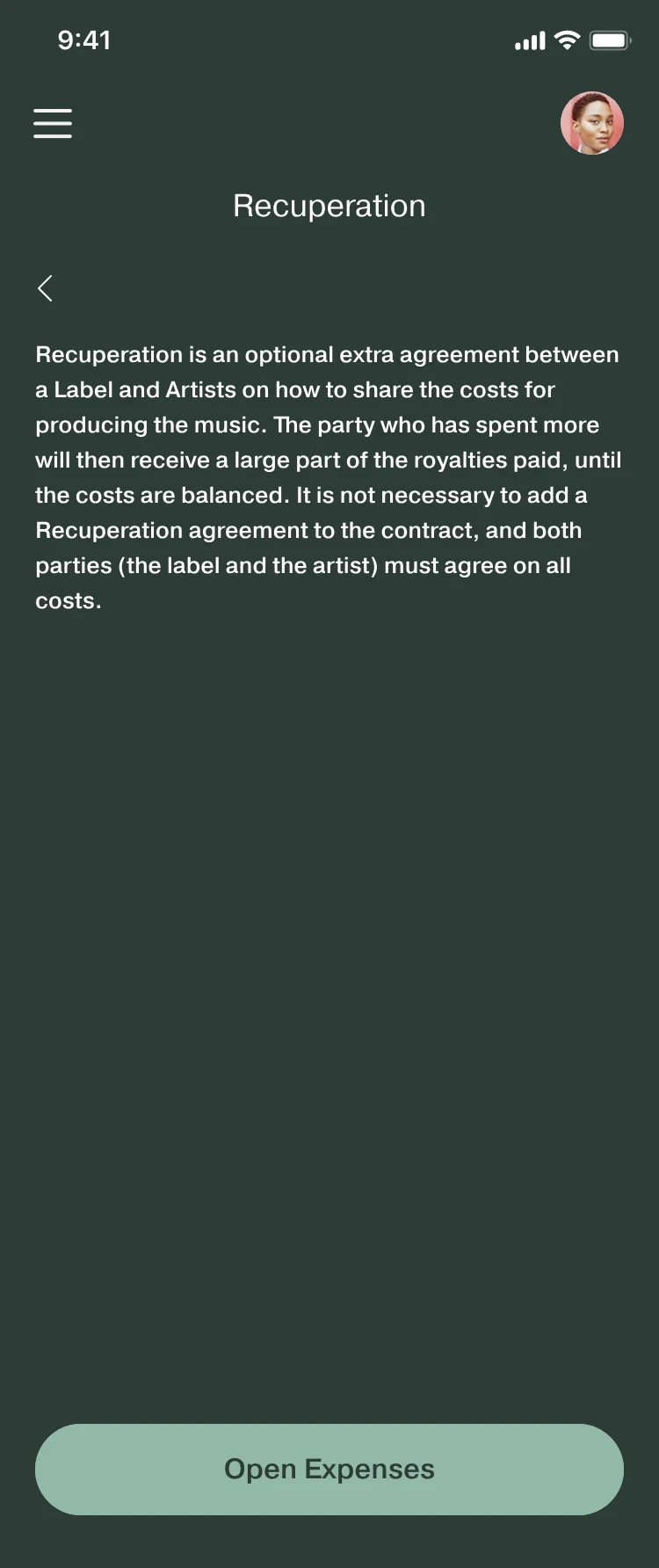 Recuperation: a paragraph explaining that recuperation is an optional extra agreement on how to share the costs of producing the music, with an Open Expenses button.