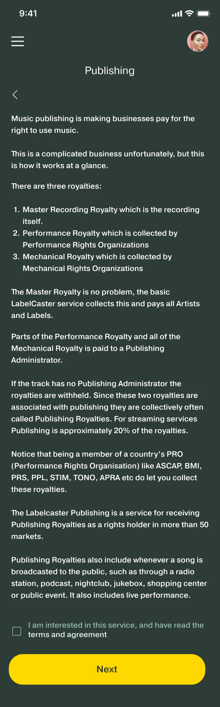 Publishing: an explanation of music publishing and its three royalties, Master Recording, Performance and Mechanical, with a Next button.
