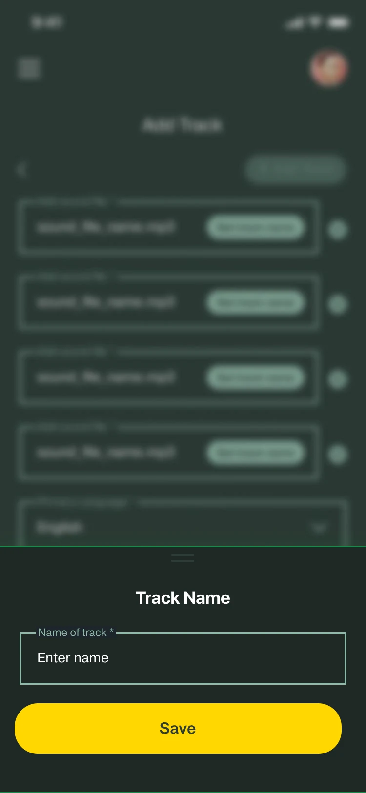 Track Name sheet over the bulk upload: a Name of track field and a Save button.