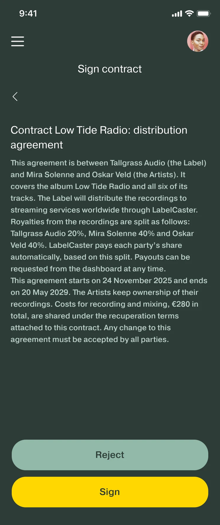 Sign contract: the distribution agreement for Low Tide Radio, with Reject and Sign buttons.