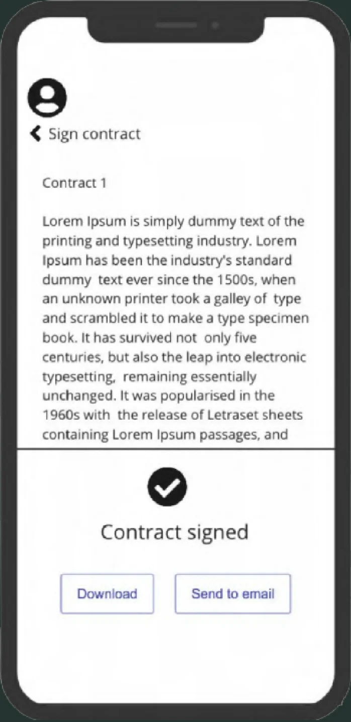 Wireframe, Sign contract: a check mark, Contract signed, and Download and Send to email buttons.