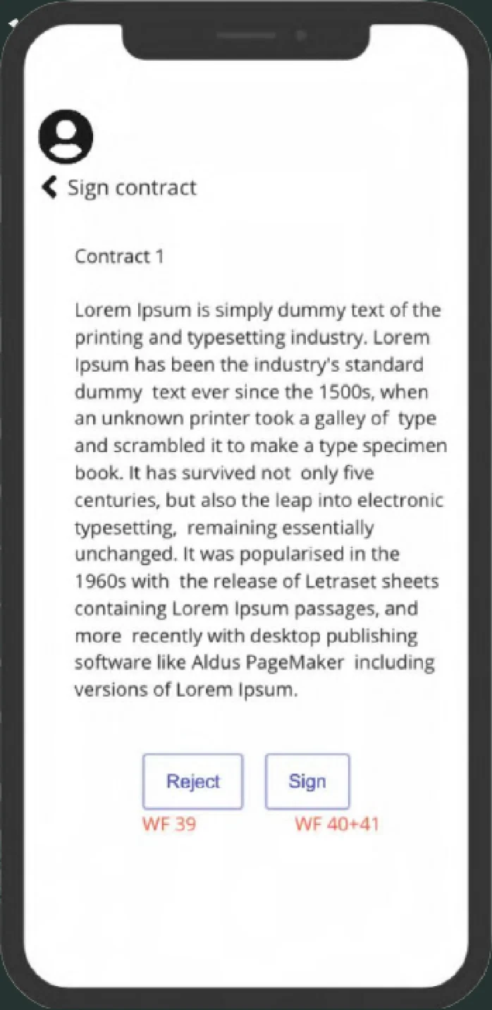Wireframe, Sign contract: the contract text with Reject and Sign buttons.