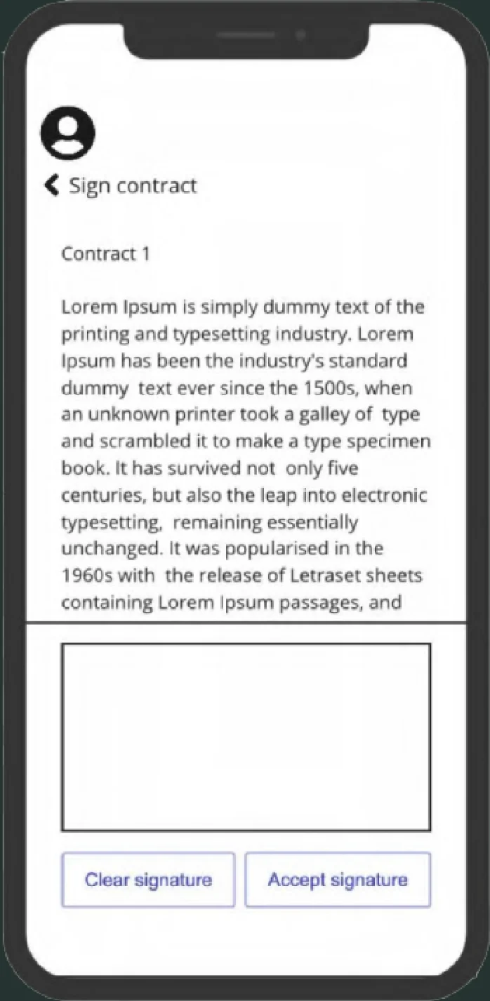 Wireframe, Sign contract: the contract text above an empty signature box, with Clear signature and Accept signature buttons.