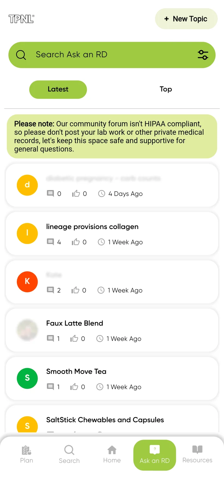 Ask an RD forum: a search field, Latest and Top tabs, and a note that the community forum isn't HIPAA compliant, so people shouldn't post lab work or other private medical records. Some topic titles and a profile photo are blurred.