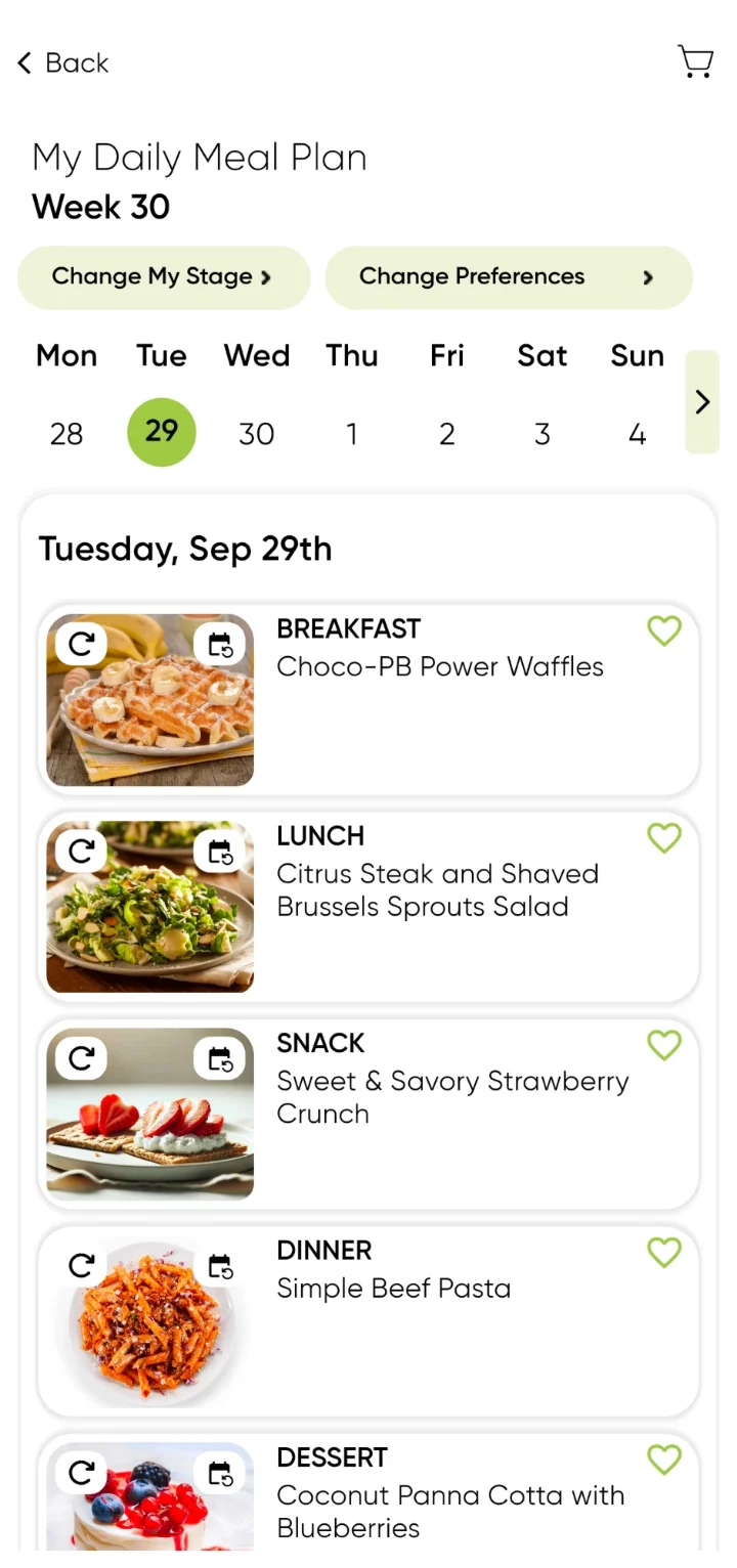 My Daily Meal Plan for Week 30, Tuesday 29 September: breakfast, Choco-PB Power Waffles; lunch, Citrus Steak and Shaved Brussels Sprouts Salad; snack, Sweet & Savory Strawberry Crunch; dinner, Simple Beef Pasta; dessert, Coconut Panna Cotta with Blueberries. Every meal has swap and reschedule controls.