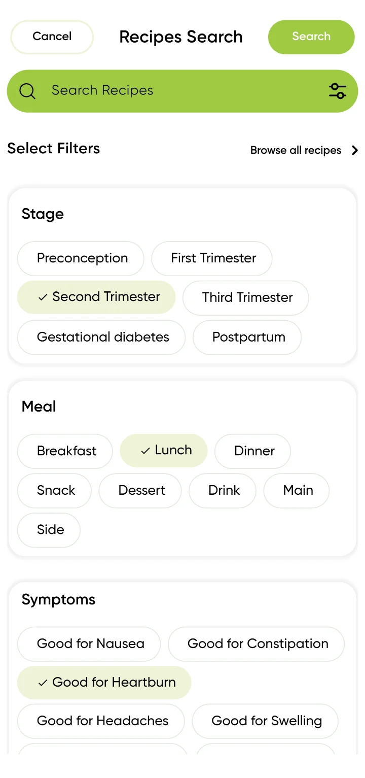 Recipes Search filter panel: Stage filters (Preconception, First, Second and Third Trimester, Gestational diabetes, Postpartum) with Second Trimester selected; Meal filters with Lunch selected; and Symptoms filters: Good for Nausea, Constipation, Heartburn (selected), Headaches and Swelling.