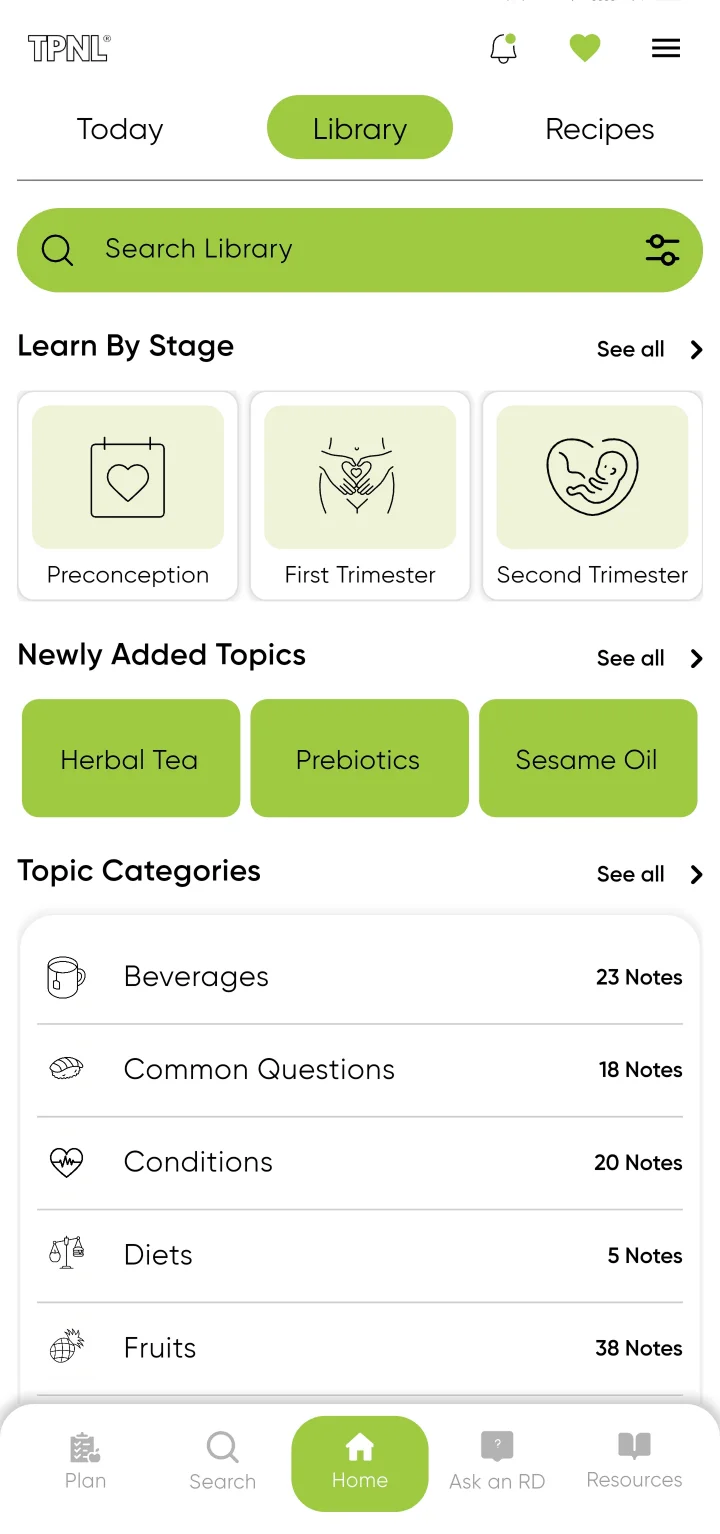 Library tab: Learn By Stage with Preconception, First Trimester and Second Trimester; newly added topics; and topic categories with their note counts.