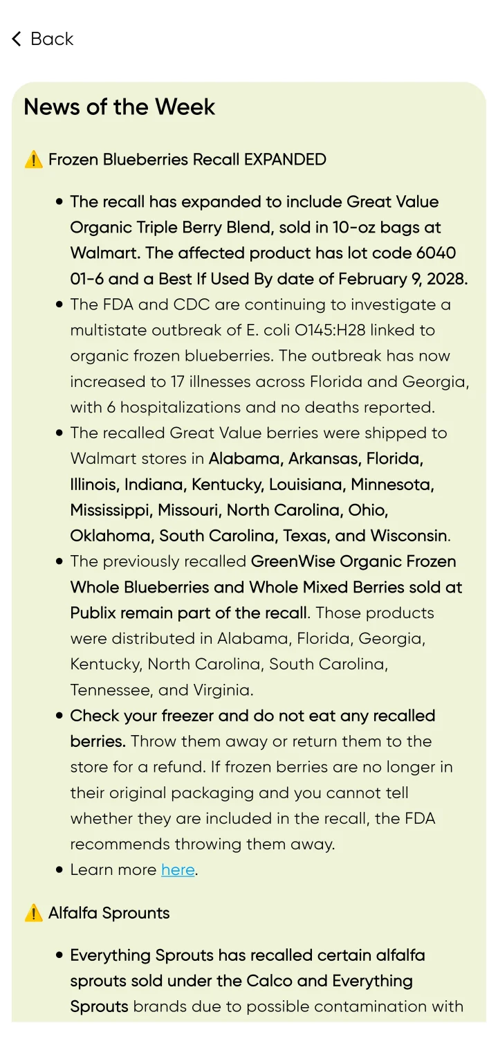 News of the Week: an expanded frozen blueberries recall, with affected products, where they were sold, what to do and a link to learn more; then an alfalfa sprouts recall.