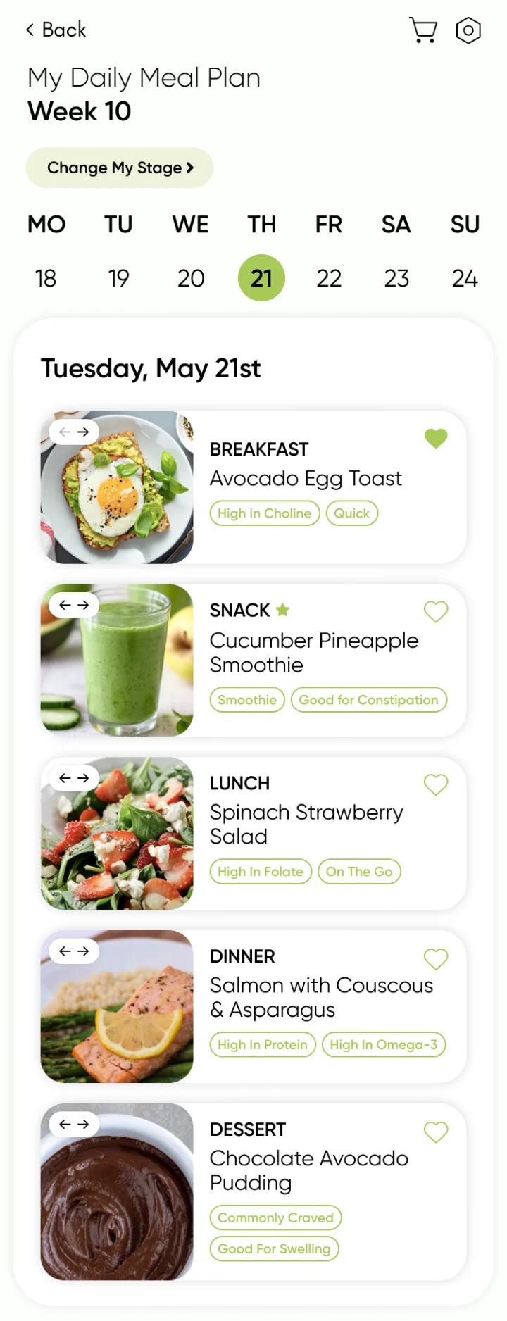 Rejected daily meal plan design: a small left-and-right arrow pill on each meal photo.