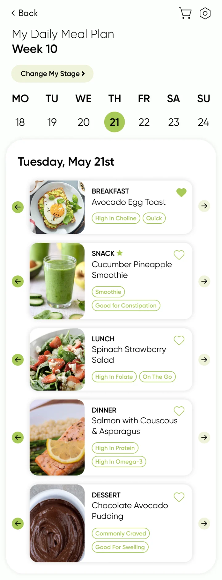 Rejected daily meal plan design: each meal card has a round arrow button on its left and right to swap the meal.
