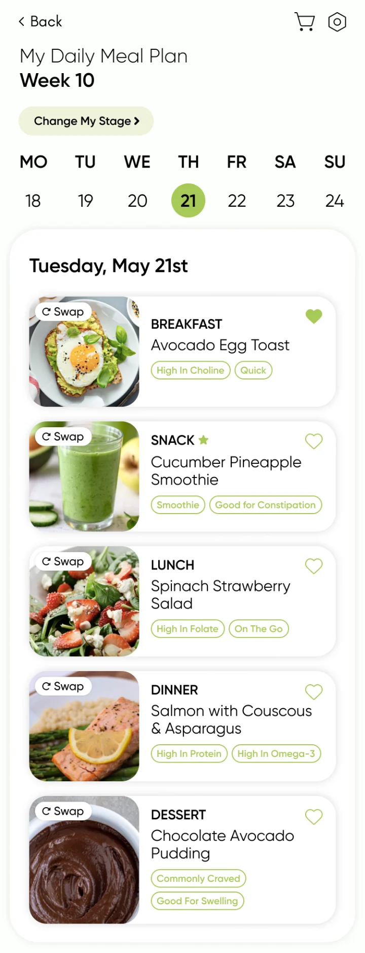 Earlier daily meal plan design: a Swap pill with a rotate icon on each meal photo.