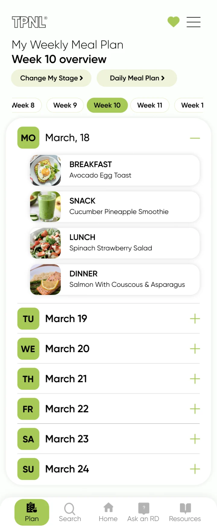 Rejected weekly meal plan design: a scrolling row of week chips, Week 8 to Week 12, with Week 10 selected.