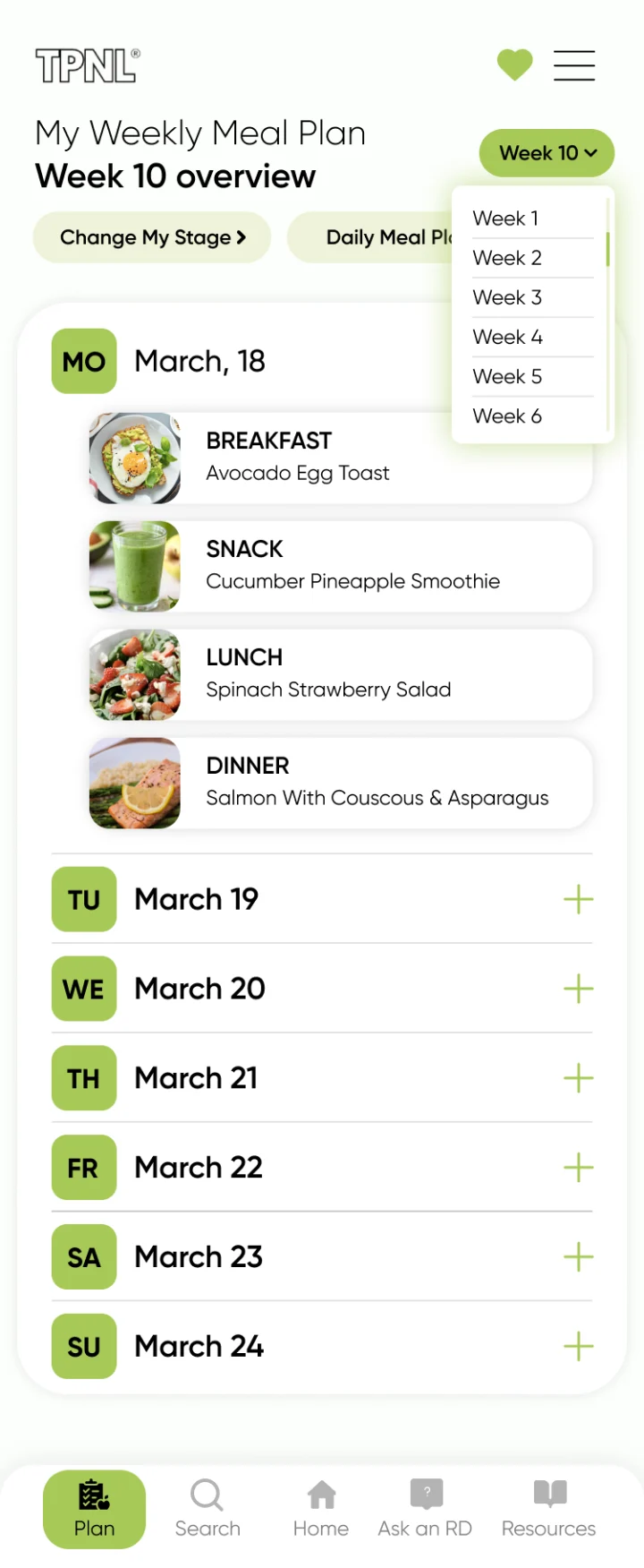 Rejected weekly meal plan design: a Week 10 dropdown open over the plan, listing Week 1 to Week 6.