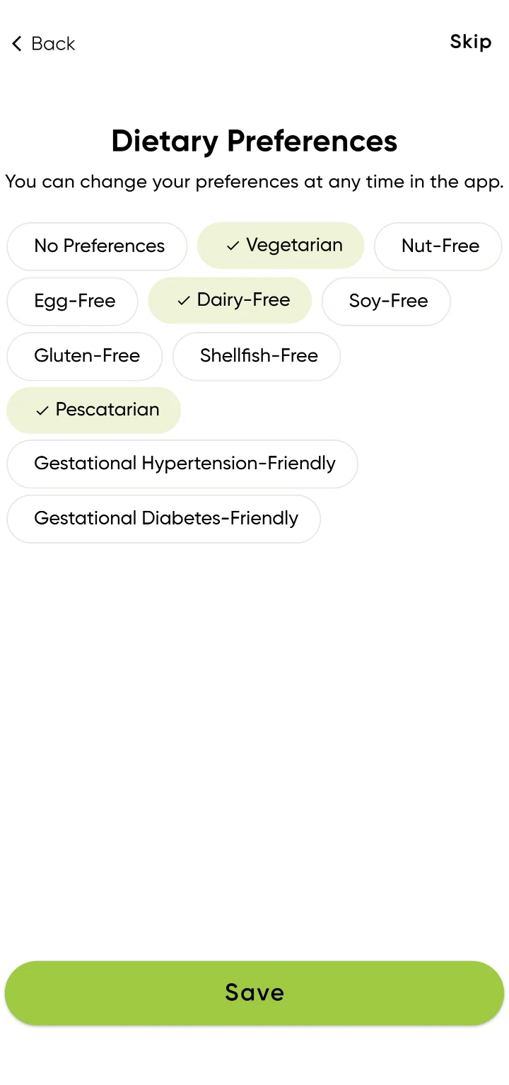 Dietary Preferences: No Preferences, Vegetarian, Nut-Free, Egg-Free, Dairy-Free, Soy-Free, Gluten-Free, Shellfish-Free, Pescatarian, Gestational Hypertension-Friendly and Gestational Diabetes-Friendly, with Vegetarian, Dairy-Free and Pescatarian selected. A line says preferences can be changed at any time.