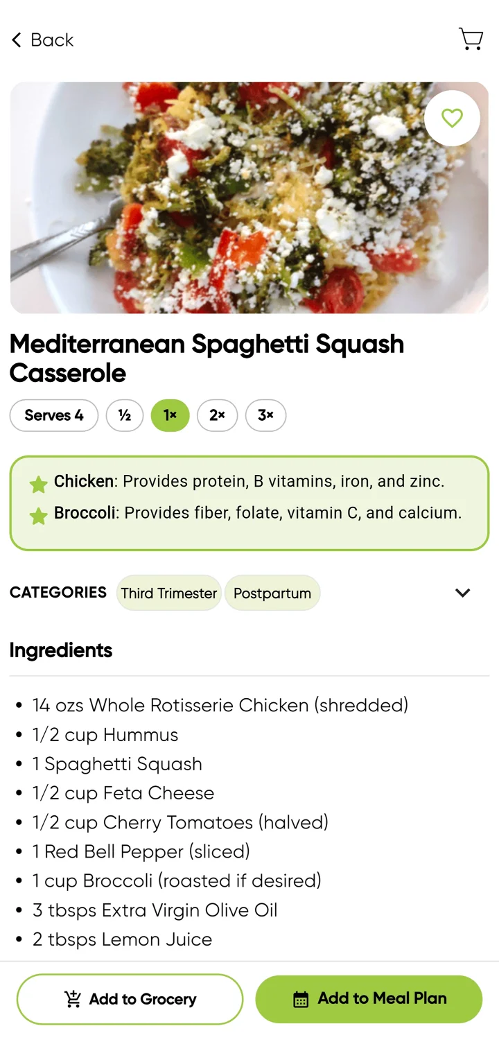 Recipe detail for Mediterranean Spaghetti Squash Casserole: a serving scaler set to 1x with half, 2x and 3x options; a highlighted box saying chicken provides protein, B vitamins, iron and zinc, and broccoli provides fiber, folate, vitamin C and calcium; categories Third Trimester and Postpartum; the ingredient list; and Add to Grocery and Add to Meal Plan buttons.