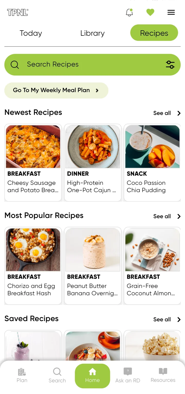 Recipes tab: a recipe search with filters, a link to the weekly meal plan, and rows of newest, most popular and saved recipes.