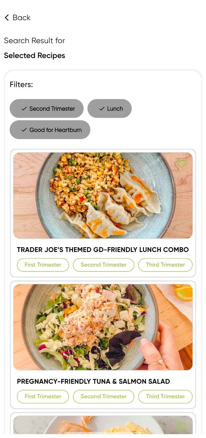 Recipe search results for the filters Second Trimester, Lunch and Good for Heartburn: a Trader Joe's themed GD-friendly lunch combo and a pregnancy-friendly tuna and salmon salad, each tagged with the trimesters it suits.