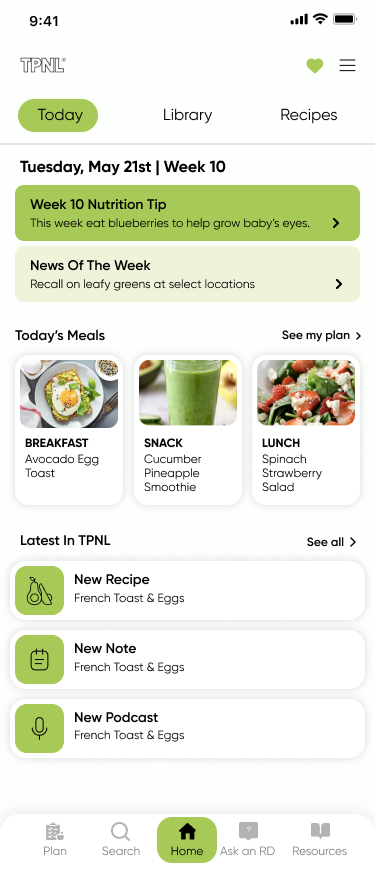 TPNL mobile app home screen: the week&rsquo;s nutrition tip, news of the week, today&rsquo;s meals and the latest recipes, notes and podcasts.