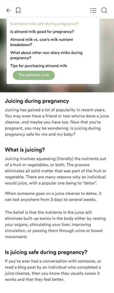 The old app&rsquo;s article screen: an open contents menu listing questions about almond milk in pregnancy, above a long article about juicing during pregnancy. The photo behind the menu is blurred.