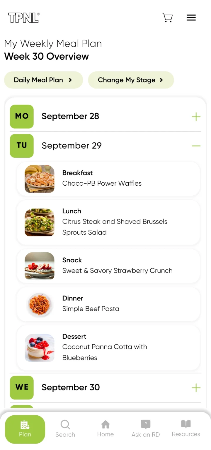 Shipped weekly meal plan: Week 30 Overview, with Daily Meal Plan and Change My Stage buttons and no week picker.